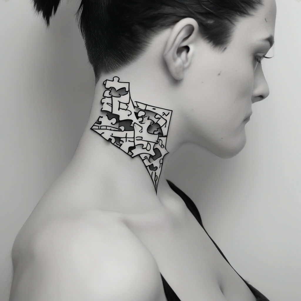 side of the neck puzzle piece tattoo where one of the pieces says Rella drake tattoos, diseño de tatuaje Boceto generado con IA